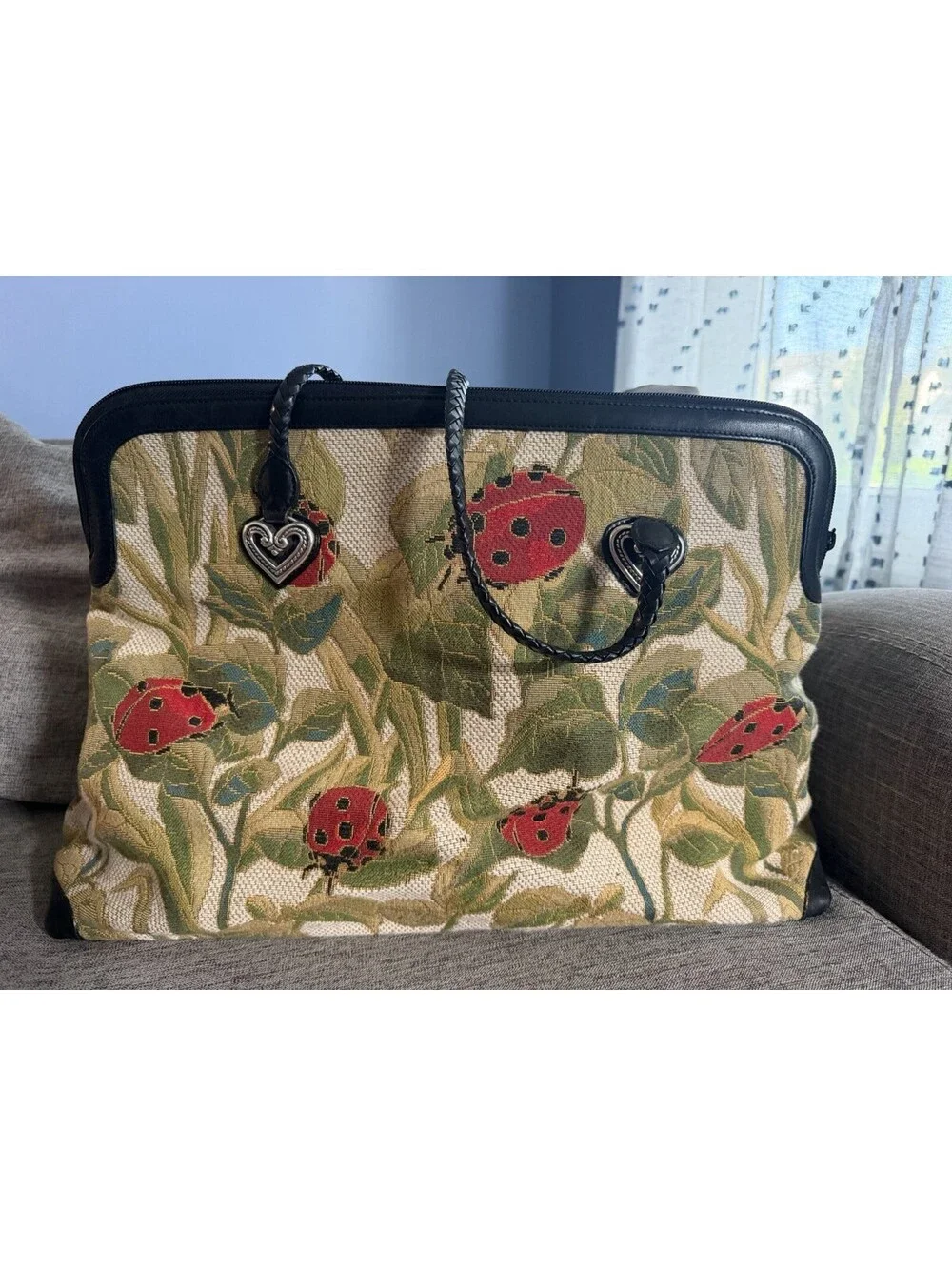 Brighton Alyssa Ladybug Tapestry Weekender Tote Bag Braided Leather Handles